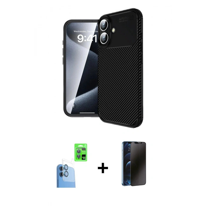 MARSİLYAN™- iPhone 16 Kılıf Eksen Form Prime - Siyah 3D Antistatik Hayalet Cam Ekran Koruyucu + Raze Metal Kamera Lens - LT