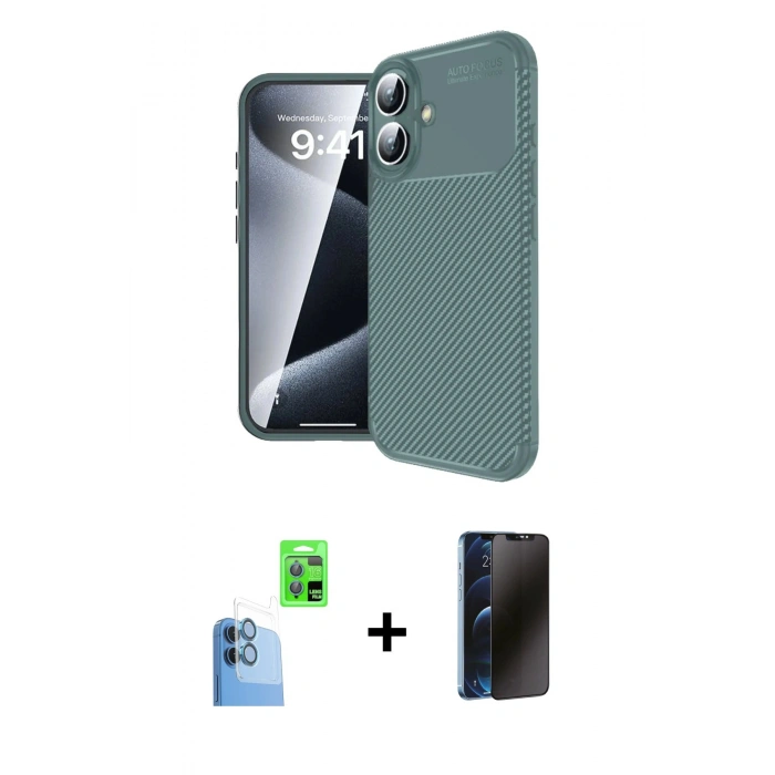 MARSİLYAN™- iPhone 16 Kılıf Eksen Form Prime - Siyah 3D Antistatik Hayalet Cam Ekran Koruyucu + Raze Metal Kamera Lens - LT