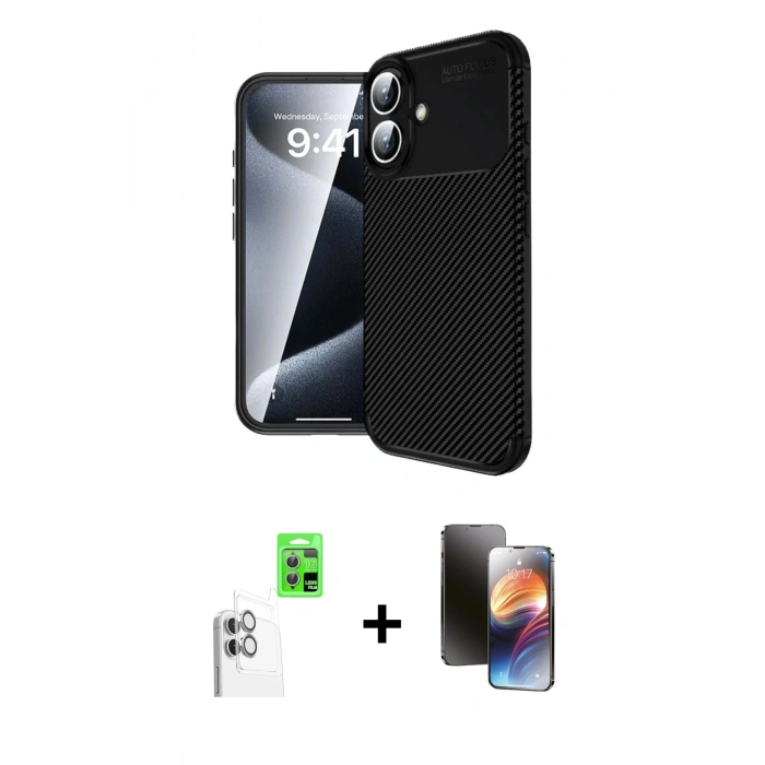 MARSİLYAN™- iPhone 16 Kılıf Eksen Form Prime - Siyah 3D Antistatik Mat Seramik Nano Ekran Koruyucu + Raze Metal Kamera Lens - BZ