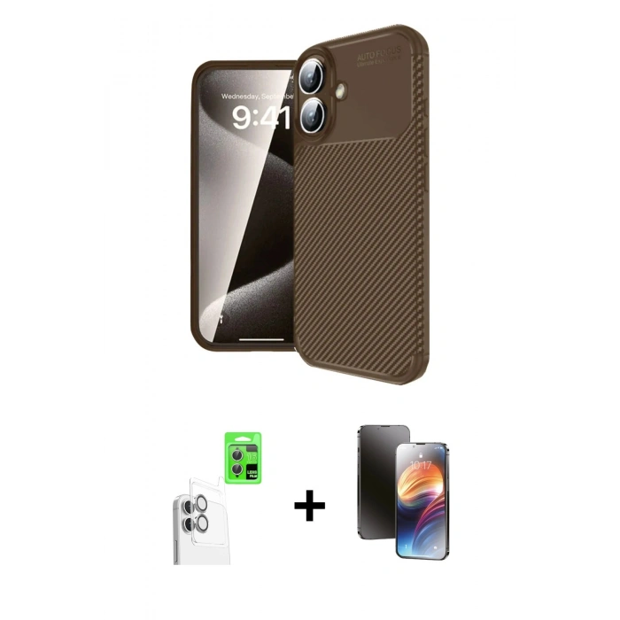 MARSİLYAN™- iPhone 16 Kılıf Eksen Form Prime - Siyah 3D Antistatik Mat Seramik Nano Ekran Koruyucu + Raze Metal Kamera Lens - BZ