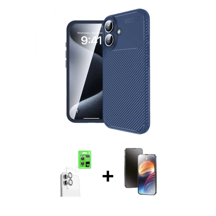 MARSİLYAN™- iPhone 16 Kılıf Eksen Form Prime - Siyah 3D Antistatik Mat Seramik Nano Ekran Koruyucu + Raze Metal Kamera Lens - BZ