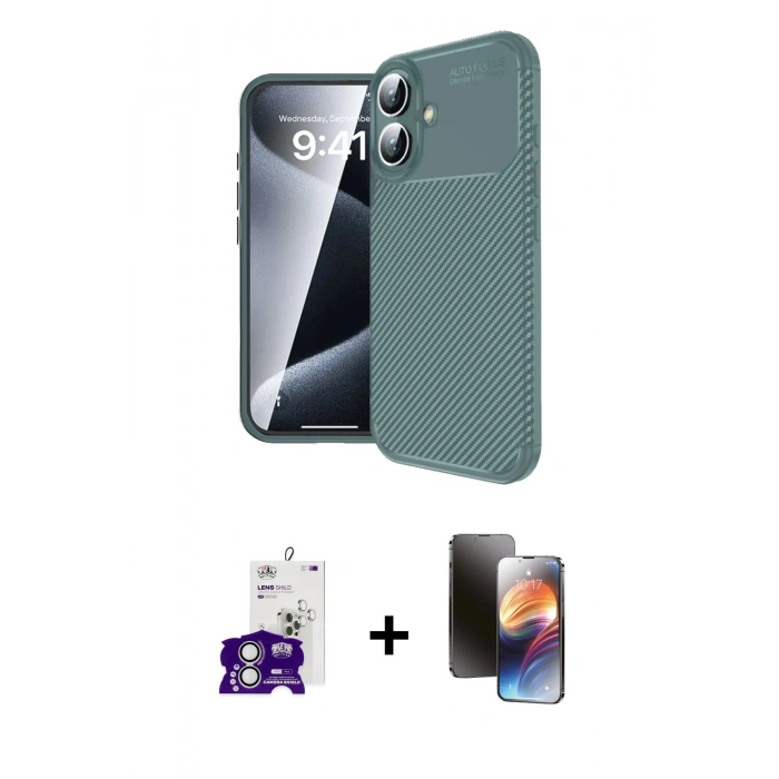 MARSİLYAN™- iPhone 16 Kılıf Eksen Form Prime - Siyah 3D Antistatik Mat Seramik Nano Ekran Koruyucu + Bilvis Titan Kamera Lens - GS