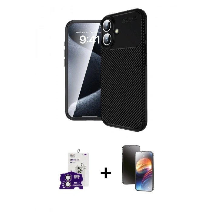 MARSİLYAN™- iPhone 16 Kılıf Eksen Form Prime - Siyah 3D Antistatik Mat Seramik Nano Ekran Koruyucu + Bilvis Titan Kamera Lens - PE