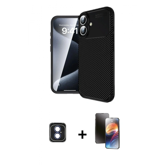 MARSİLYAN™- iPhone 16 Kılıf Eksen Form Prime - Siyah 3D Antistatik Mat Seramik Nano Ekran Koruyucu + PVD Metal Kamera Lens - MI