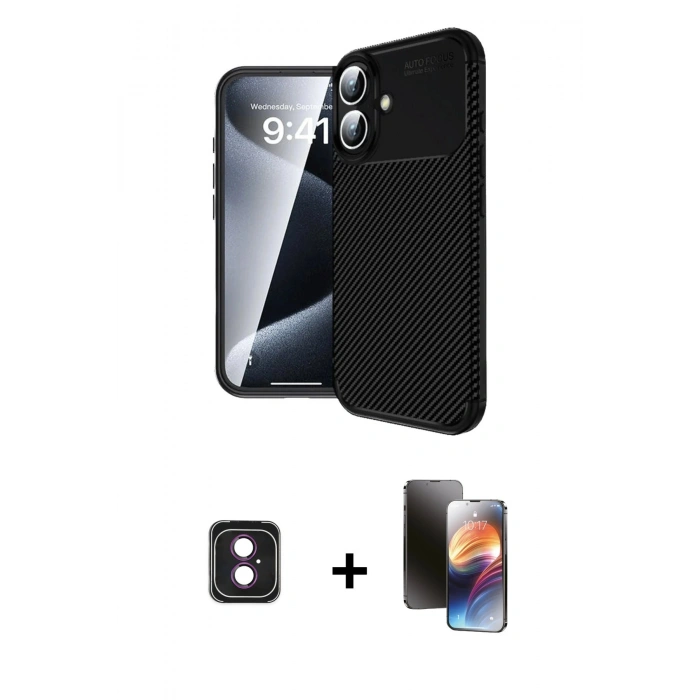 MARSİLYAN™- iPhone 16 Kılıf Eksen Form Prime - Siyah 3D Antistatik Mat Seramik Nano Ekran Koruyucu + PVD Metal Kamera Lens - PE