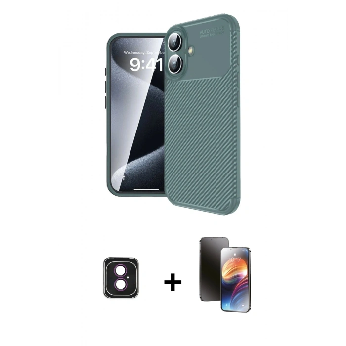 MARSİLYAN™- iPhone 16 Kılıf Eksen Form Prime - Siyah 3D Antistatik Mat Seramik Nano Ekran Koruyucu + PVD Metal Kamera Lens - PE
