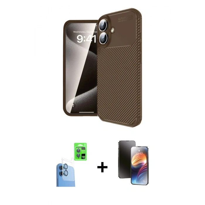 MARSİLYAN™- iPhone 16 Kılıf Eksen Form Prime - Siyah 3D Antistatik Mat Seramik Nano Ekran Koruyucu + Raze Metal Kamera Lens - LT