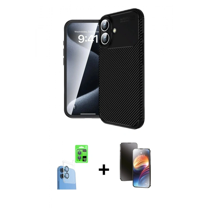 MARSİLYAN™- iPhone 16 Kılıf Eksen Form Prime - Siyah 3D Antistatik Mat Seramik Nano Ekran Koruyucu + Raze Metal Kamera Lens - LT