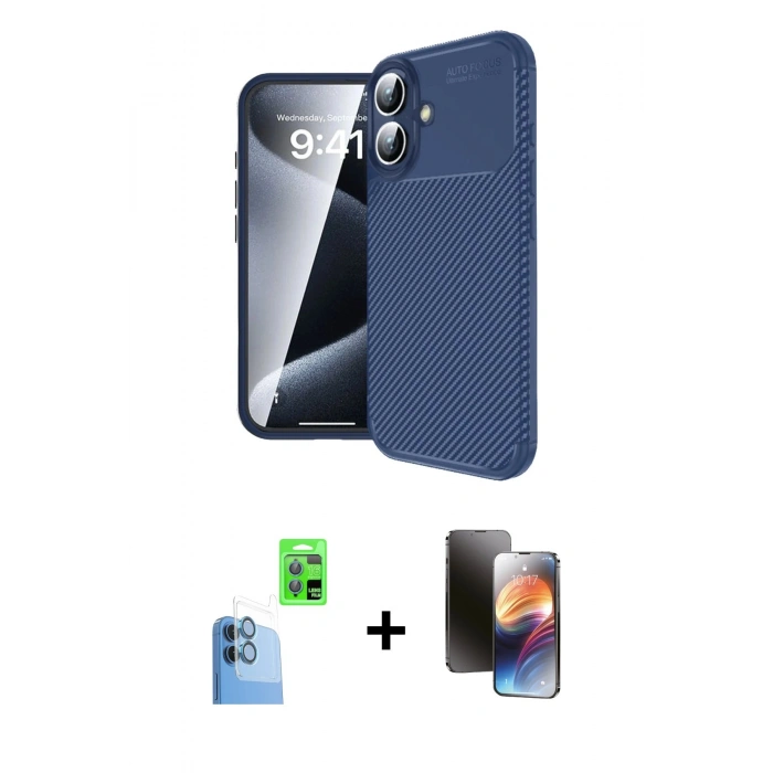 MARSİLYAN™- iPhone 16 Kılıf Eksen Form Prime - Siyah 3D Antistatik Mat Seramik Nano Ekran Koruyucu + Raze Metal Kamera Lens - LT