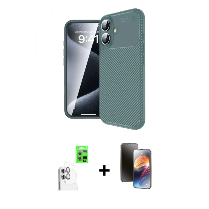 MARSİLYAN™- iPhone 16 Kılıf Eksen Form Prime - Siyah 3D Antistatik Mat Seramik Nano Ekran Koruyucu + Raze Metal Kamera Lens - BZ