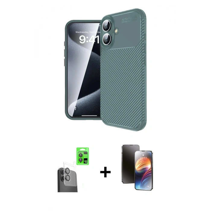 MARSİLYAN™- iPhone 16 Kılıf Eksen Form Prime - Siyah 3D Antistatik Mat Seramik Nano Ekran Koruyucu + Raze Metal Kamera Lens - SH