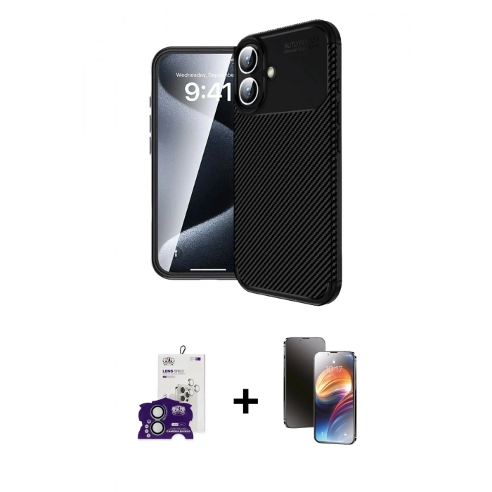 MARSİLYAN™- iPhone 16 Kılıf Eksen Form Prime - Siyah 3D Antistatik Mat Seramik Nano Ekran Koruyucu + Bilvis Titan Kamera Lens - YL