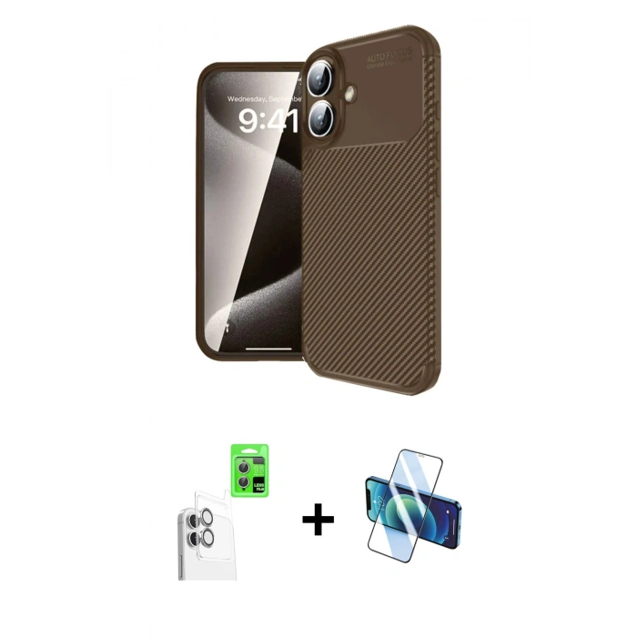 MARSİLYAN™- iPhone 16 Kılıf Eksen Form Prime - Siyah 3D Antistatik Seramik Nano Ekran Koruyucu + Raze Metal Kamera Lens - BZ