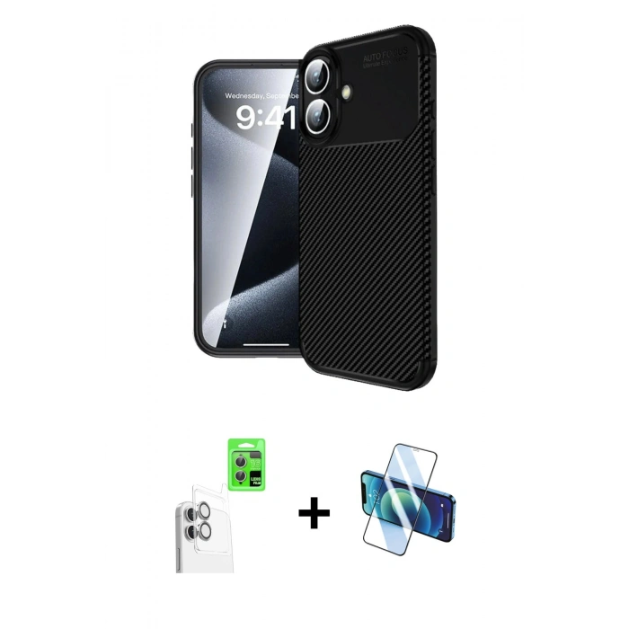 MARSİLYAN™- iPhone 16 Kılıf Eksen Form Prime - Siyah 3D Antistatik Seramik Nano Ekran Koruyucu + Raze Metal Kamera Lens - BZ