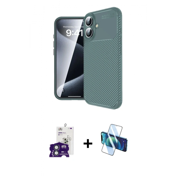 MARSİLYAN™- iPhone 16 Kılıf Eksen Form Prime - Siyah 3D Antistatik Seramik Nano Ekran Koruyucu + Bilvis Titan Kamera Lens - YL