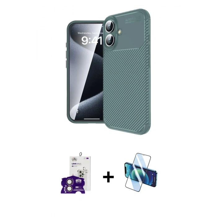 MARSİLYAN™- iPhone 16 Kılıf Eksen Form Prime - Siyah 3D Antistatik Seramik Nano Ekran Koruyucu + Bilvis Titan Kamera Lens - PE