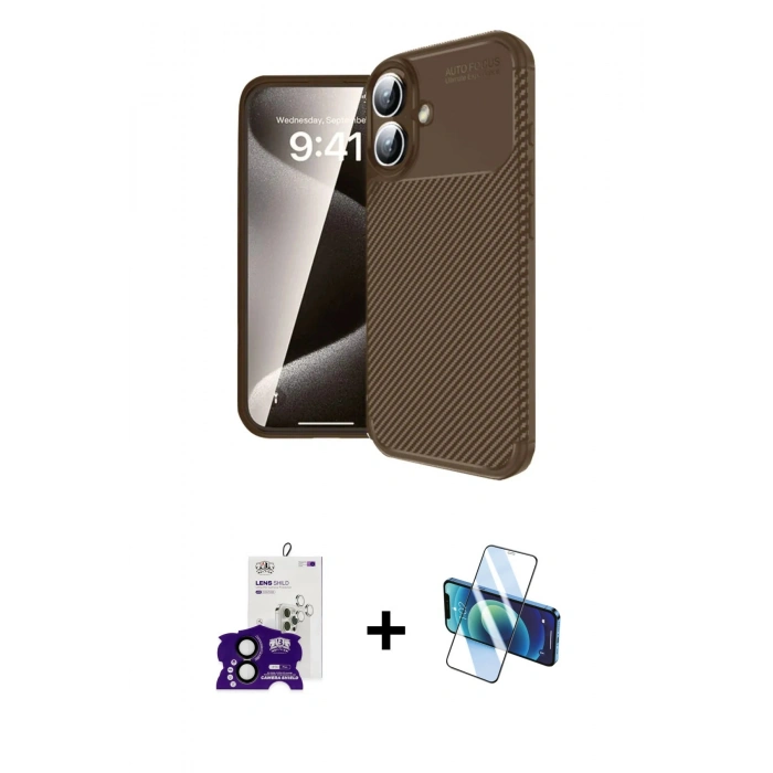 MARSİLYAN™- iPhone 16 Kılıf Eksen Form Prime - Siyah 3D Antistatik Seramik Nano Ekran Koruyucu + Bilvis Titan Kamera Lens - SH