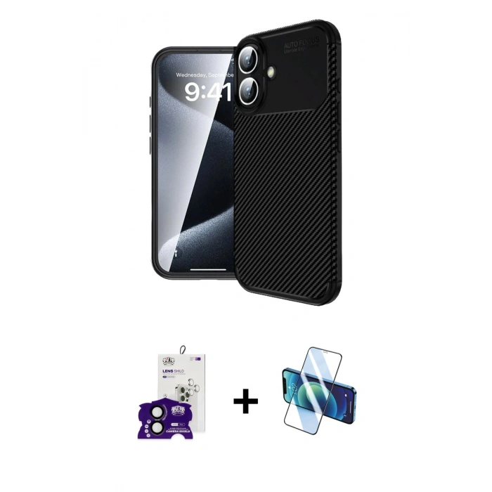 MARSİLYAN™- iPhone 16 Kılıf Eksen Form Prime - Siyah 3D Antistatik Seramik Nano Ekran Koruyucu + Bilvis Titan Kamera Lens - SH