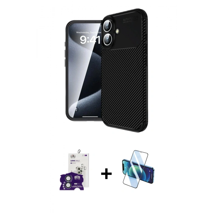 MARSİLYAN™- iPhone 16 Kılıf Eksen Form Prime - Siyah 3D Antistatik Seramik Nano Ekran Koruyucu + Bilvis Titan Kamera Lens - YL