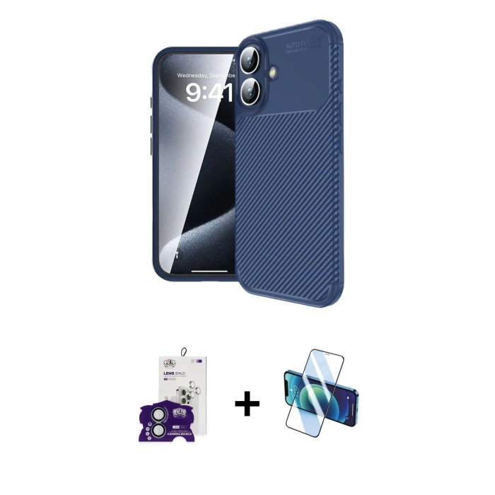 MARSİLYAN™- iPhone 16 Kılıf Eksen Form Prime - Siyah 3D Antistatik Seramik Nano Ekran Koruyucu + Bilvis Titan Kamera Lens - YL