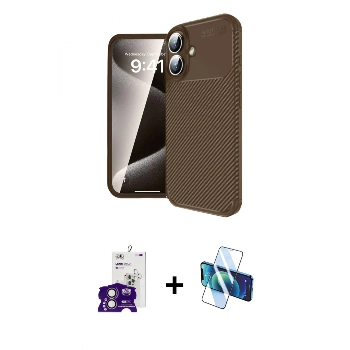 MARSİLYAN™- iPhone 16 Kılıf Eksen Form Prime - Siyah 3D Antistatik Seramik Nano Ekran Koruyucu + Bilvis Titan Kamera Lens - PE