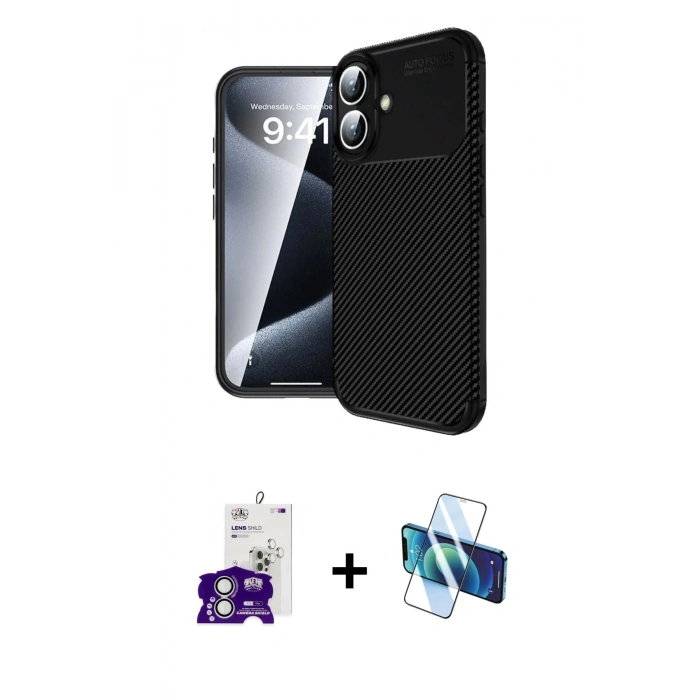 MARSİLYAN™- iPhone 16 Kılıf Eksen Form Prime - Siyah 3D Antistatik Seramik Nano Ekran Koruyucu + Bilvis Titan Kamera Lens - GS