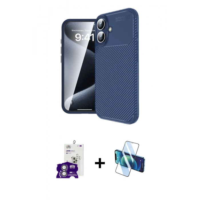 MARSİLYAN™- iPhone 16 Kılıf Eksen Form Prime - Siyah 3D Antistatik Seramik Nano Ekran Koruyucu + Bilvis Titan Kamera Lens - GS