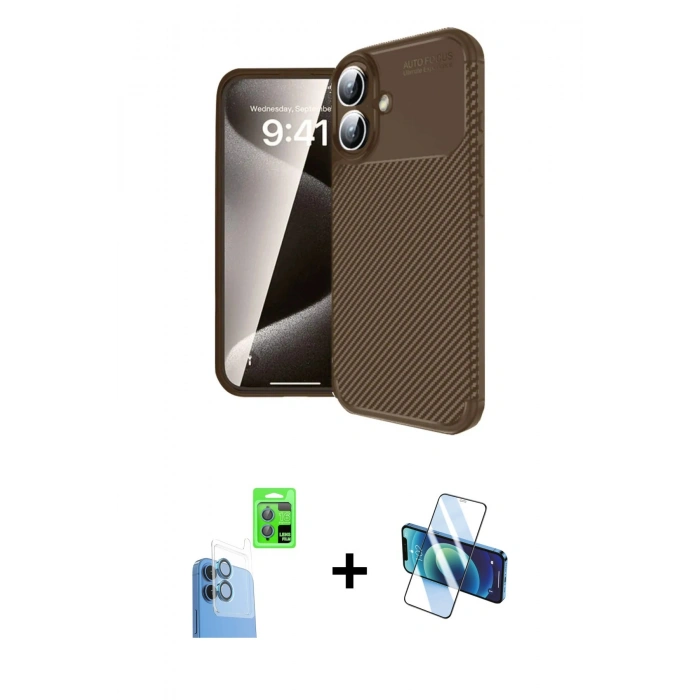 MARSİLYAN™- iPhone 16 Kılıf Eksen Form Prime - Siyah 3D Antistatik Seramik Nano Ekran Koruyucu + Raze Metal Kamera Lens - LT