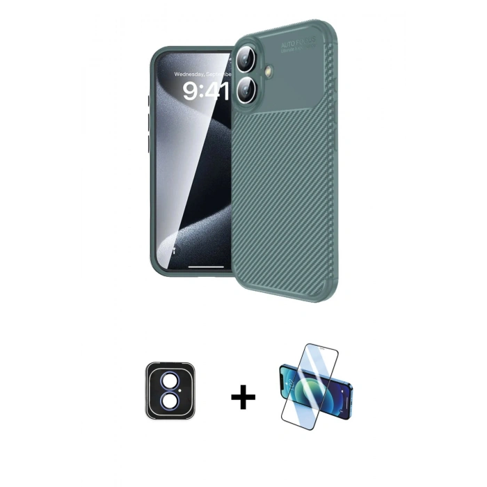 MARSİLYAN™- iPhone 16 Kılıf Eksen Form Prime - Siyah 3D Antistatik Seramik Nano Ekran Koruyucu + PVD Metal Kamera Lens - MI