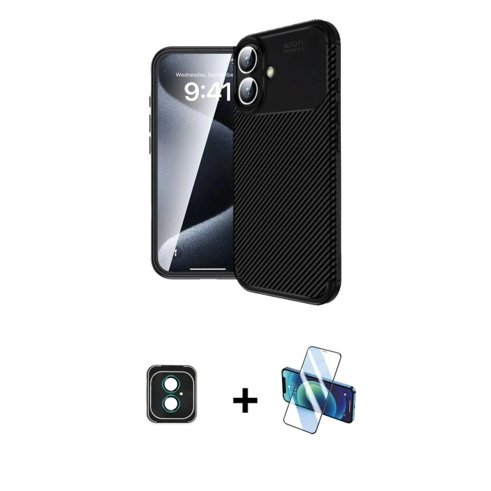 MARSİLYAN™- iPhone 16 Kılıf Eksen Form Prime - Siyah 3D Antistatik Seramik Nano Ekran Koruyucu + PVD Metal Kamera Lens - YL