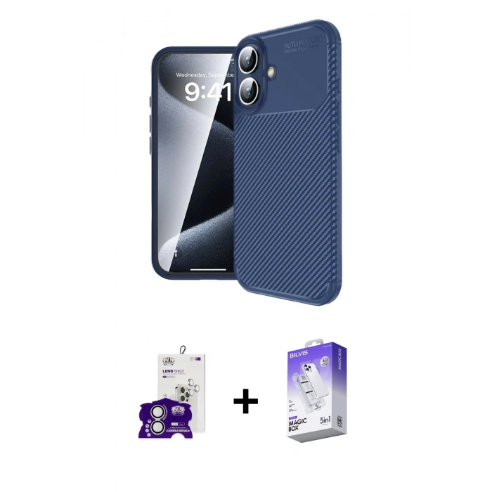 MARSİLYAN™- iPhone 16 Kılıf Eksen Form Prime - Siyah Bilvis 5in1 3D Magic Cam Ekran Koruyucu + Bilvis Titan Kamera Lens - GS
