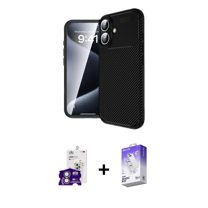 MARSİLYAN™- iPhone 16 Kılıf Eksen Form Prime - Siyah Bilvis 5in1 3D Magic Cam Ekran Koruyucu + Bilvis Titan Kamera Lens - GS