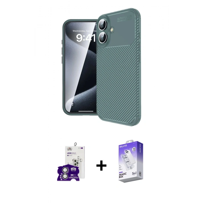 MARSİLYAN™- iPhone 16 Kılıf Eksen Form Prime - Siyah Bilvis 5in1 3D Magic Cam Ekran Koruyucu + Bilvis Titan Kamera Lens - GS
