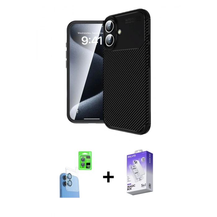 MARSİLYAN™- iPhone 16 Kılıf Eksen Form Prime - Siyah Bilvis 5in1 3D Magic Cam Ekran Koruyucu + Lacivert Raze Metal Kamera Lens