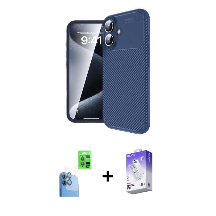 MARSİLYAN™- iPhone 16 Kılıf Eksen Form Prime - Siyah Bilvis 5in1 3D Magic Cam Ekran Koruyucu + Lacivert Raze Metal Kamera Lens
