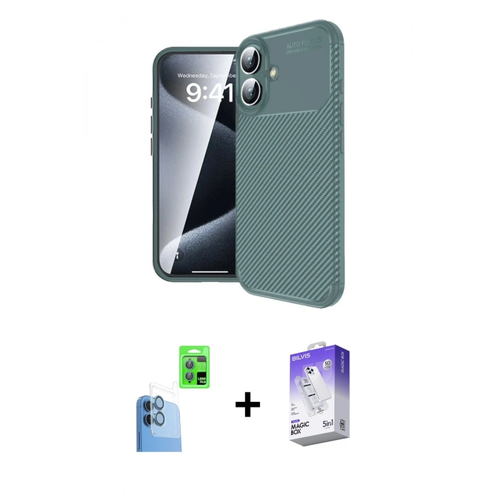 MARSİLYAN™- iPhone 16 Kılıf Eksen Form Prime - Siyah Bilvis 5in1 3D Magic Cam Ekran Koruyucu + Lacivert Raze Metal Kamera Lens