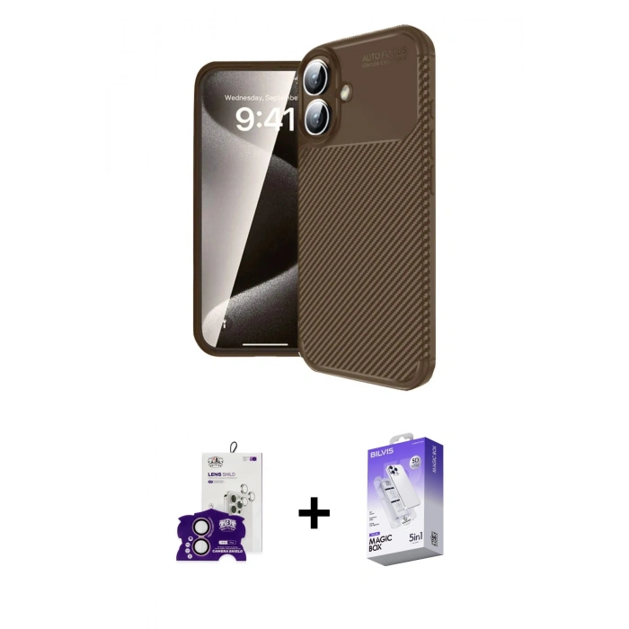 MARSİLYAN™- iPhone 16 Kılıf Eksen Form Prime - Siyah Bilvis 5in1 3D Magic Cam Ekran Koruyucu + Bilvis Titan Kamera Lens - PE