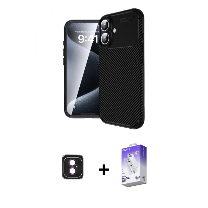 MARSİLYAN™- iPhone 16 Kılıf Eksen Form Prime - Siyah Bilvis 5in1 3D Magic Cam Ekran Koruyucu + PVD Metal Kamera Lens - PE