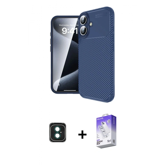 MARSİLYAN™- iPhone 16 Kılıf Eksen Form Prime - Siyah Bilvis 5in1 3D Magic Cam Ekran Koruyucu + PVD Metal Kamera Lens - YL