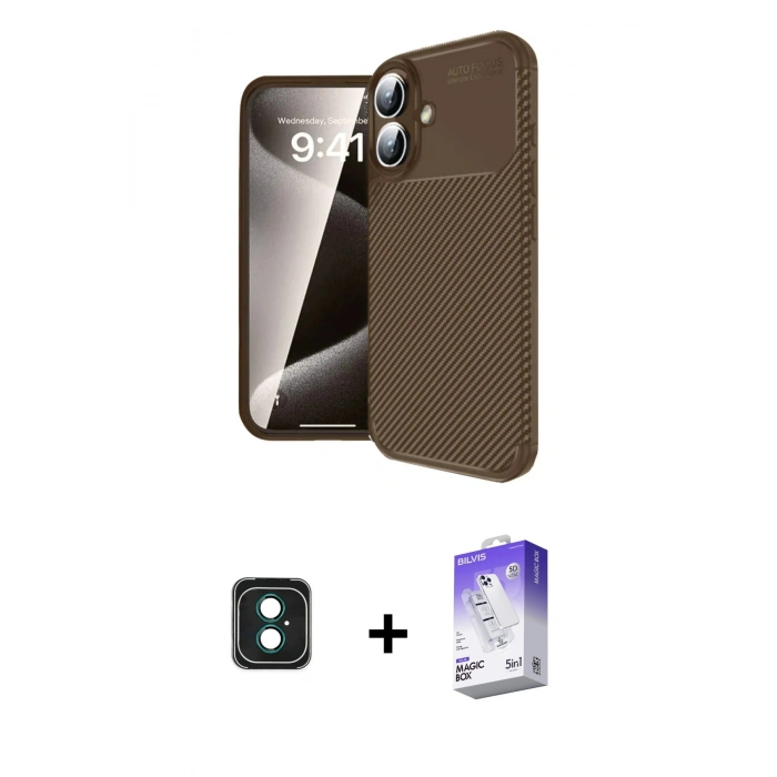 MARSİLYAN™- iPhone 16 Kılıf Eksen Form Prime - Siyah Bilvis 5in1 3D Magic Cam Ekran Koruyucu + PVD Metal Kamera Lens - YL
