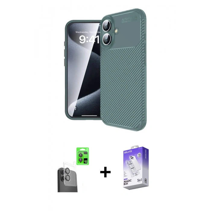 MARSİLYAN™- iPhone 16 Kılıf Eksen Form Prime - Siyah Bilvis 5in1 3D Magic Cam Ekran Koruyucu + Raze Metal Kamera Lens - SH