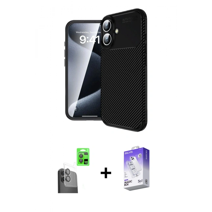 MARSİLYAN™- iPhone 16 Kılıf Eksen Form Prime - Siyah Bilvis 5in1 3D Magic Cam Ekran Koruyucu + Raze Metal Kamera Lens - SH