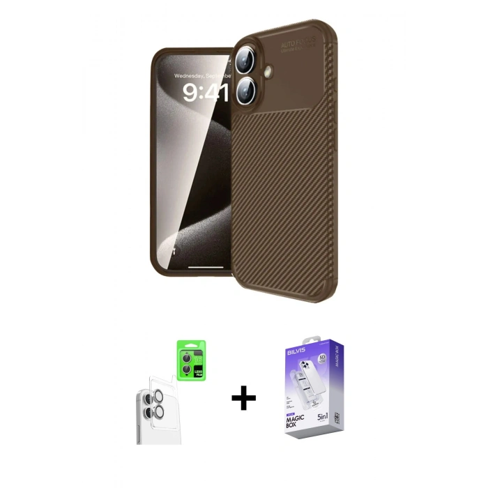 MARSİLYAN™- iPhone 16 Kılıf Eksen Form Prime - Siyah Bilvis 5in1 3D Magic Cam Ekran Koruyucu + Raze Metal Kamera Lens - BZ