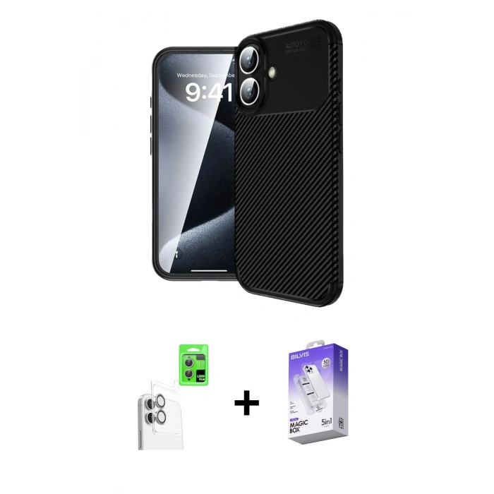 MARSİLYAN™- iPhone 16 Kılıf Eksen Form Prime - Siyah Bilvis 5in1 3D Magic Cam Ekran Koruyucu + Raze Metal Kamera Lens - BZ