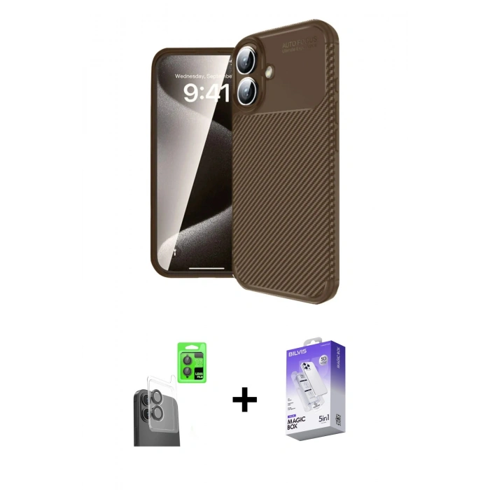 MARSİLYAN™- iPhone 16 Kılıf Eksen Form Prime - Siyah Bilvis 5in1 3D Magic Cam Ekran Koruyucu + Raze Metal Kamera Lens - SH