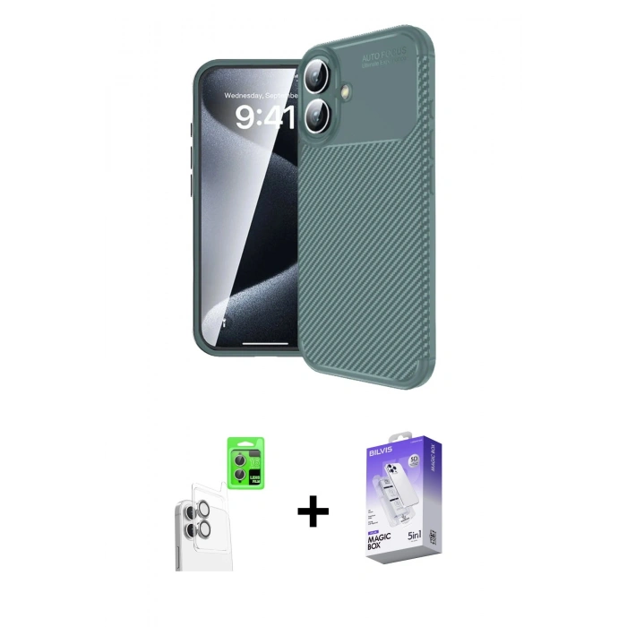 MARSİLYAN™- iPhone 16 Kılıf Eksen Form Prime - Siyah Bilvis 5in1 3D Magic Cam Ekran Koruyucu + Raze Metal Kamera Lens - BZ
