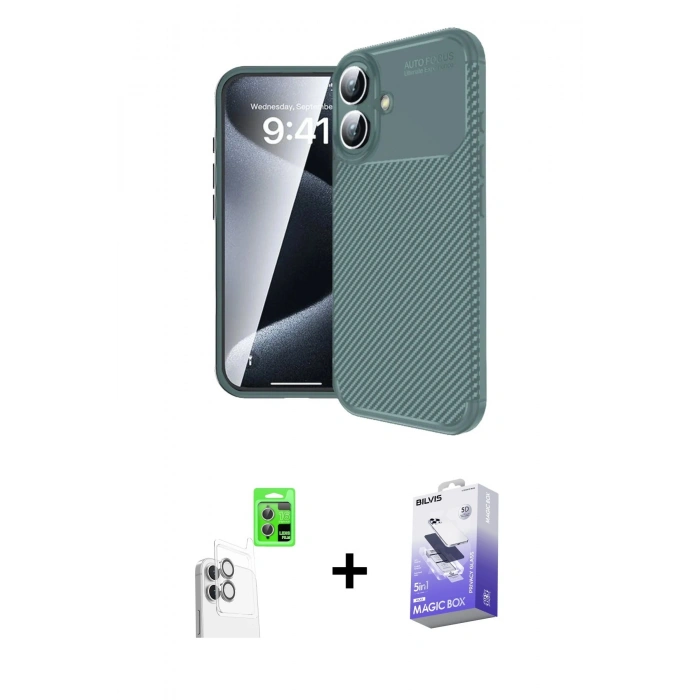 MARSİLYAN™- iPhone 16 Kılıf Eksen Form Prime - Siyah Bilvis 5in1 5D Magic Hayalet Cam Ekran Koruyucu + Raze Metal Kamera Lens - BZ