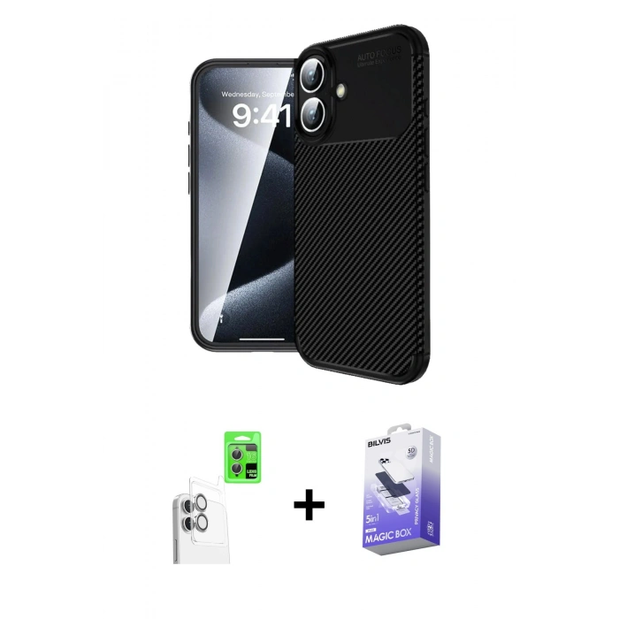 MARSİLYAN™- iPhone 16 Kılıf Eksen Form Prime - Siyah Bilvis 5in1 5D Magic Hayalet Cam Ekran Koruyucu + Raze Metal Kamera Lens - BZ