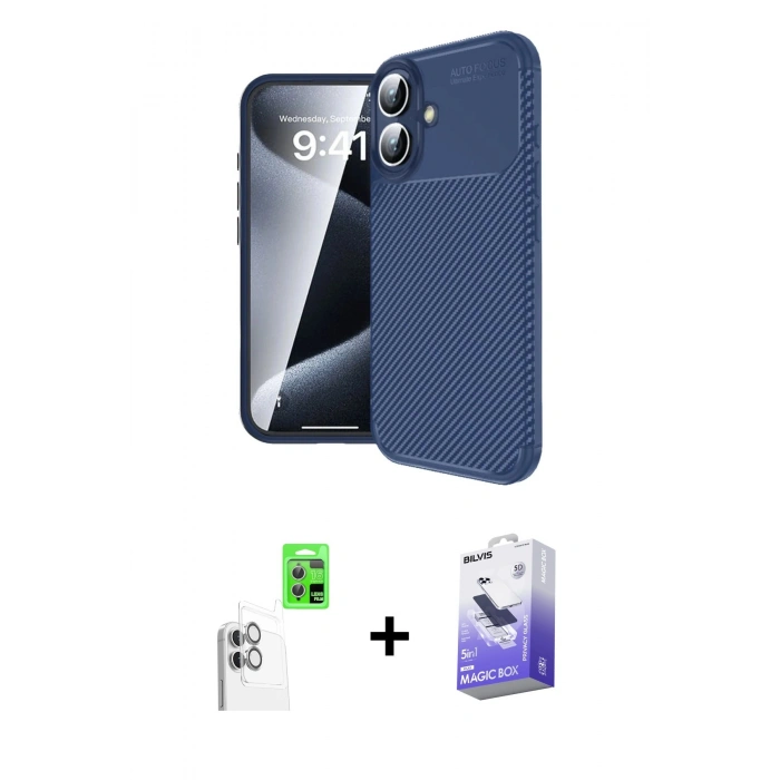 MARSİLYAN™- iPhone 16 Kılıf Eksen Form Prime - Siyah Bilvis 5in1 5D Magic Hayalet Cam Ekran Koruyucu + Raze Metal Kamera Lens - BZ