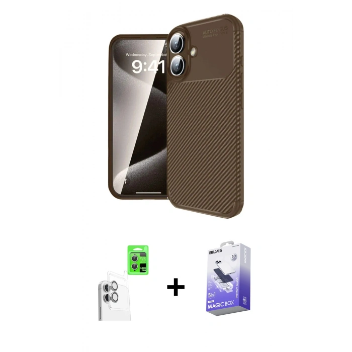 MARSİLYAN™- iPhone 16 Kılıf Eksen Form Prime - Siyah Bilvis 5in1 5D Magic Hayalet Cam Ekran Koruyucu + Raze Metal Kamera Lens - BZ